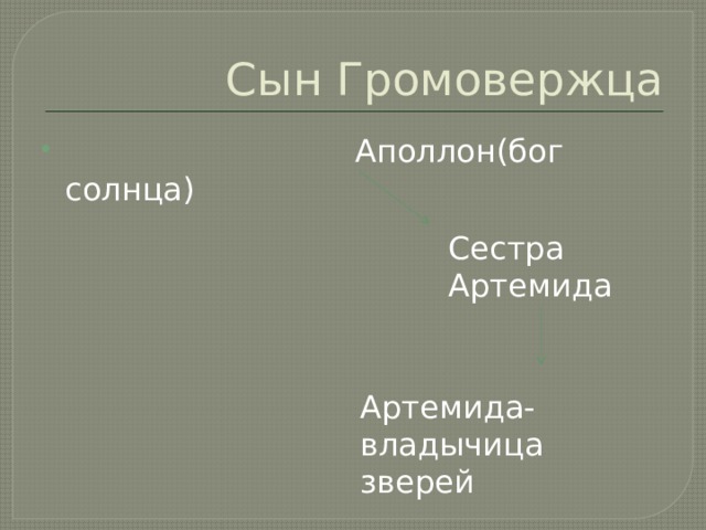 Сын Громовержца  Аполлон(бог солнца) Сестра Артемида Артемида-владычица зверей 