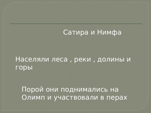  Сатира и Нимфа Населяли леса , реки , долины и горы Порой они поднимались на Олимп и участвовали в перах 