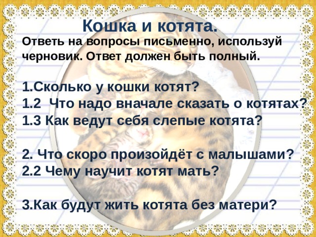 Кошка и котята. Ответь на вопросы письменно, используй черновик. Ответ должен быть полный.  Сколько у кошки котят? 1.2 Что надо вначале сказать о котятах? 1.3 Как ведут себя слепые котята?  2. Что скоро произойдёт с малышами? 2.2 Чему научит котят мать?  3.Как будут жить котята без матери?  