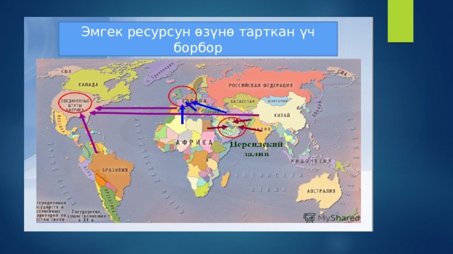 Азыркы кезде эмгек ресурстарын өзүнө тарткан үч борбор бар.   Алардын биринчиси - Батыш Европа (өзгөчө ГФР, Франция, Улуу Брита­ния, Швейцария). Бул өлкөлордө Түштүк Европадан, Батыш Азиядан, Түндүк Африкадан, откон кылымдын 90-жылдарынан баштап Чыгыш Европадан жана КМШ өлкөлорүнон келген «иммигрант — жумушчу» деген калктын жаиы катмары пайда болду. Экинчиси - АКШ, мынзамдуу мигранттардын саны жылына 1 млнго жетет (негизинен Латын Америкасынан, Азиядан жана Европадан), ал эми мыйзамсыз мигранттардын саны андан да көп. Үчүнчүсү - Перс булуңундагы нефть өндүрүп алуучу өлколөр. Булярдын озүлөрүнүн калкына Караганда эмгек мигранттарынын саны (негизинен Египеттен, Индиядан жана Пакистандан келгендер) көптүк кылат. 