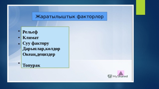 Жаратылыштык факторлор  Рельеф Климат Суу фактору Дарыялар,көлдөр Океан,деңиздер  Топурак 