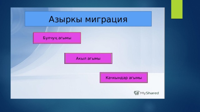 Миграциянын түрлөрү Миграциялар Ички миграция Райондор аралык Шаар-кыштак Маятниктик 