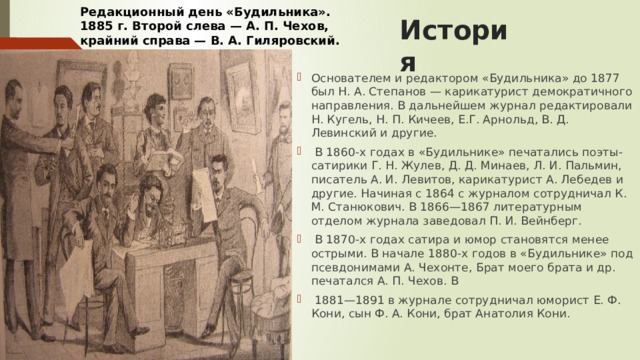 Редакционный день «Будильника». 1885 г. Второй слева — А. П. Чехов, крайний справа — В. А. Гиляровский. История    Основателем и редактором «Будильника» до 1877 был Н. А. Степанов — карикатурист демократичного направления. В дальнейшем журнал редактировали Н. Кугель, Н. П. Кичеев, Е.Г. Арнольд, В. Д. Левинский и другие.   В 1860-х годах в «Будильнике» печатались поэты-сатирики Г. Н. Жулев, Д. Д. Минаев, Л. И. Пальмин, писатель А. И. Левитов, карикатурист А. Лебедев и другие. Начиная с 1864 с журналом сотрудничал К. М. Станюкович. В 1866—1867 литературным отделом журнала заведовал П. И. Вейнберг.  В 1870-х годах сатира и юмор становятся менее острыми. В начале 1880-х годов в «Будильнике» под псевдонимами А. Чехонте, Брат моего брата и др. печатался А. П. Чехов. В   1881—1891 в журнале сотрудничал юморист Е. Ф. Кони, сын Ф. А. Кони, брат Анатолия Кони.     