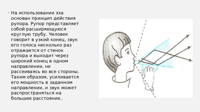 На использовании эха основан принцип действия рупора. Рупор представляет собой расширяющуюся круглую трубу. Человек говорит в узкий конец, звук его голоса несколько раз отражается от стенок рупора и выходит через широкий конец в одном направлении, не рассеиваясь во все стороны. Таким образом, усиливается его мощность в заданном направлении, и звук может распространяться на большее расстояние.. 