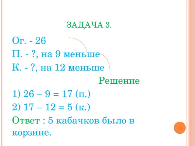 Задача 3. Ог. - 26 П. - ?, на 9 меньше К. - ?, на 12 меньше  Решение 1) 26 – 9 = 17 (п.) 2) 17 – 12 = 5 (к.) Ответ : 5 кабачков было в корзине. 