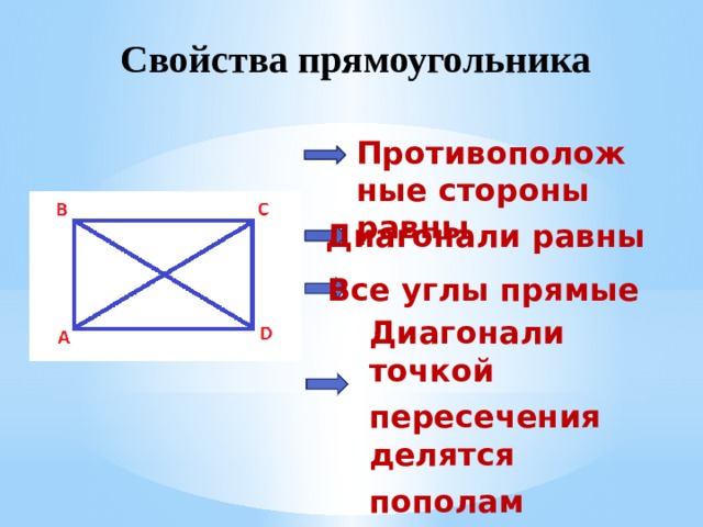 Диагонали прямоугольника пересечение делится пополам