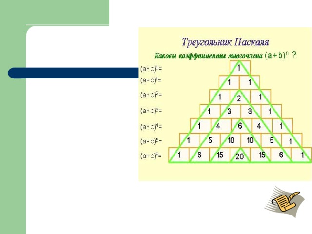 Используя рисунок 1 найди суммы чисел для каждой из первых шести строк треугольника паскаля