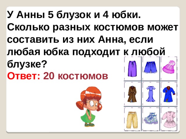 У женщины в шкафу висит шесть платьев пять юбок и три блузки