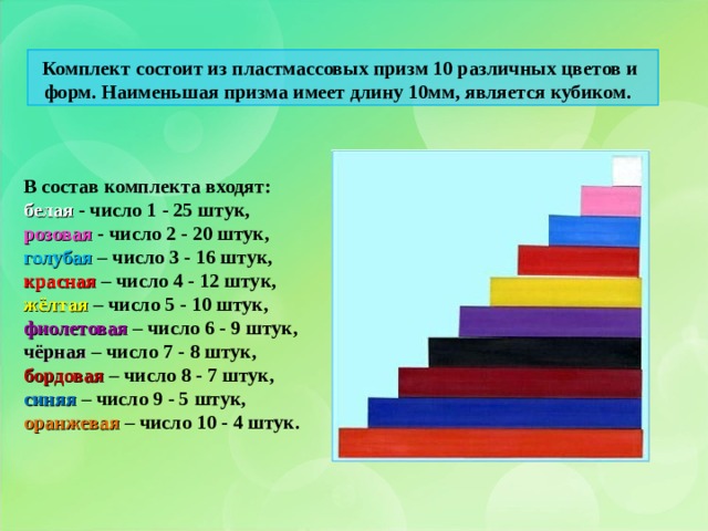 Комплект состоит из пластмассовых призм 10 различных цветов и форм. Наименьшая призма имеет длину 10мм, является кубиком. В состав комплекта входят: белая - число 1 - 25 штук, розовая - число 2 - 20 штук, голубая – число 3 - 16 штук, красная – число 4 - 12 штук, жёлтая – число 5 - 10 штук, фиолетовая – число 6 - 9 штук, чёрная – число 7 - 8 штук, бордовая – число 8 - 7 штук, синяя – число 9 - 5 штук, оранжевая – число 10 - 4 штук. 