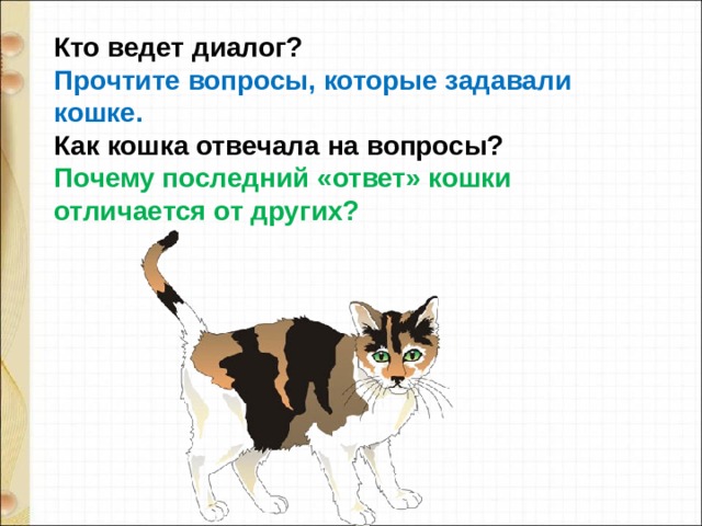 Кто ведет диалог?   Прочтите вопросы, которые задавали кошке.   Как кошка отвечала на вопросы?   Почему последний «ответ» кошки отличается от других?  