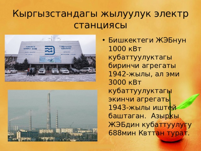 Кыргызстандагы жылуулук электр станциясы Бишкектеги ЖЭБнун 1000 кВт кубаттуулуктагы биринчи агрегаты 1942-жылы, ал эми 3000 кВт кубаттуулуктагы экинчи агрегаты 1943-жылы иштей баштаган. Азыркы ЖЭБдин кубаттуулугу 688мин Квттан турат. 