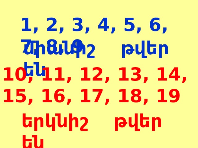 1, 2, 3, 4, 5, 6, 7, 8, 9 միանիշ թվեր են 10, 11, 12, 13, 14, 15, 16, 17, 18, 19 երկնիշ թվեր են 