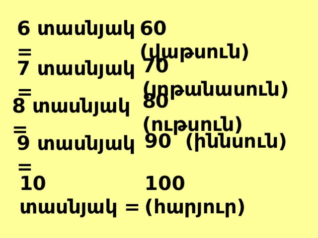 6 տասնյակ = 60 (վաթսուն) 70 (յոթանասուն) 7 տասնյակ = 80 (ութսուն) 8 տասնյակ = 90 (իննսուն) 9 տասնյակ = 10 տասնյակ = 100 (հարյուր) 
