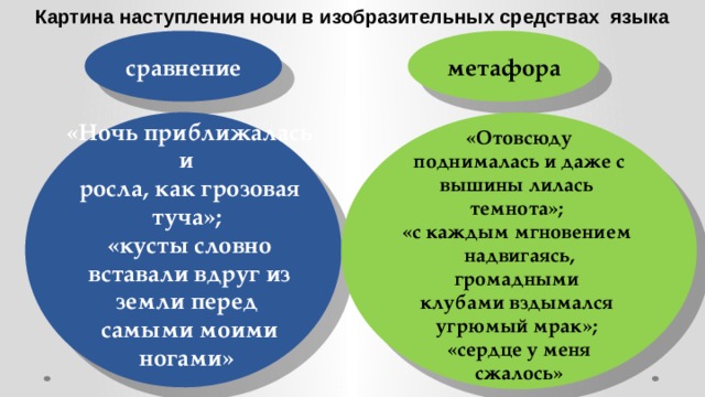 Картина наступления ночи в изобразительных средствах языка сравнение метафора  «Ночь приближалась и  росла, как грозовая туча»;  «кусты словно вставали вдруг из земли перед  самыми моими ногами»  «Отовсюду поднималась и даже с вышины лилась  темнота»;  «с каждым мгновением  надвигаясь, громадными  клубами вздымался  угрюмый мрак»;  «сердце у меня сжалось» 