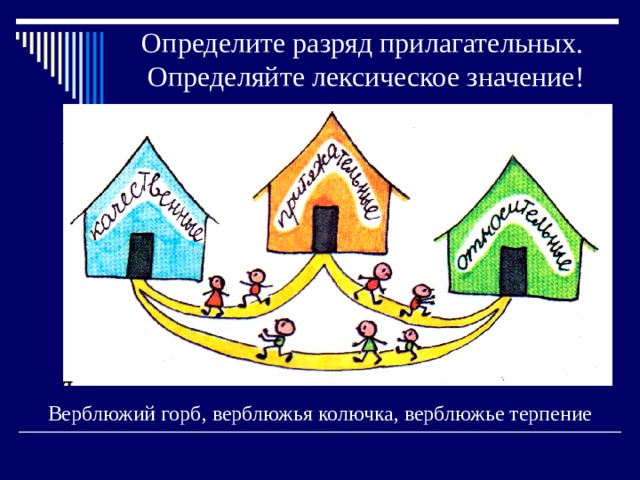  Определите разряд прилагательных.  Определяйте лексическое значение! Верблюжий горб, верблюжья колючка, верблюжье терпение 