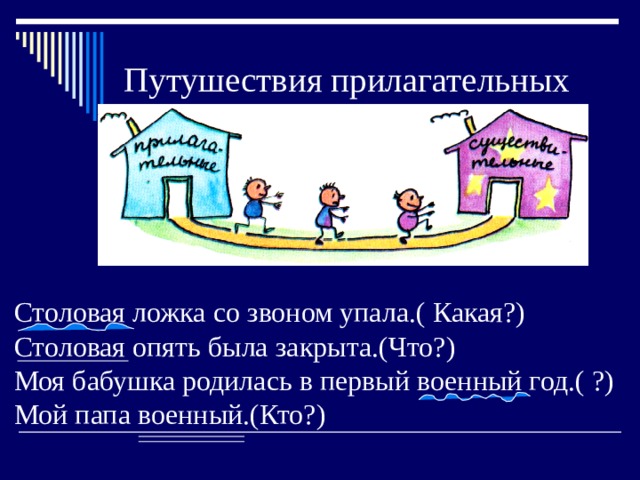 Путушествия прилагательных Столовая ложка со звоном упала.( Какая?) Столовая опять была закрыта.(Что?) Моя бабушка родилась в первый военный год.( ?) Мой папа военный.(Кто?) 