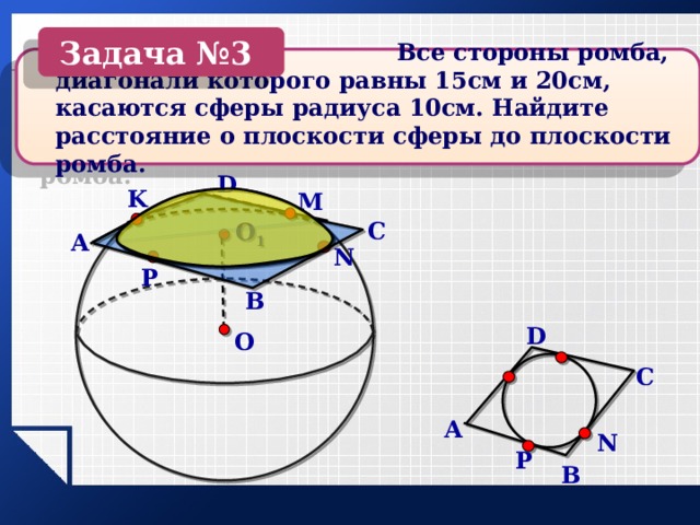 Диагональное сечение шара. Стороны ромба касаются сферы. Задачи на сечение шара. Сечение сферы и шара плоскостью.