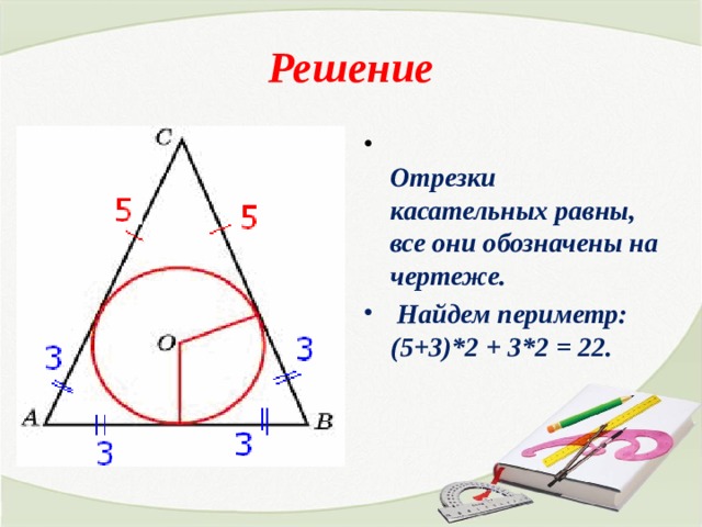 Решение  Отрезки касательных равны, все они обозначены на чертеже.  Найдем периметр: (5+3)*2 + 3*2 = 22.   