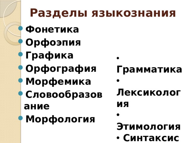 Разделы языкознания Фонетика Орфоэпия Графика Орфография Морфемика Словообразование Морфология  Грамматика  Лексикология  Этимология  Синтаксис  Пунктуация  Фразеология  Стилистика 
