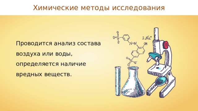 Химические методы исследования Проводится анализ состава воздуха или воды, определяется наличие вредных веществ. 