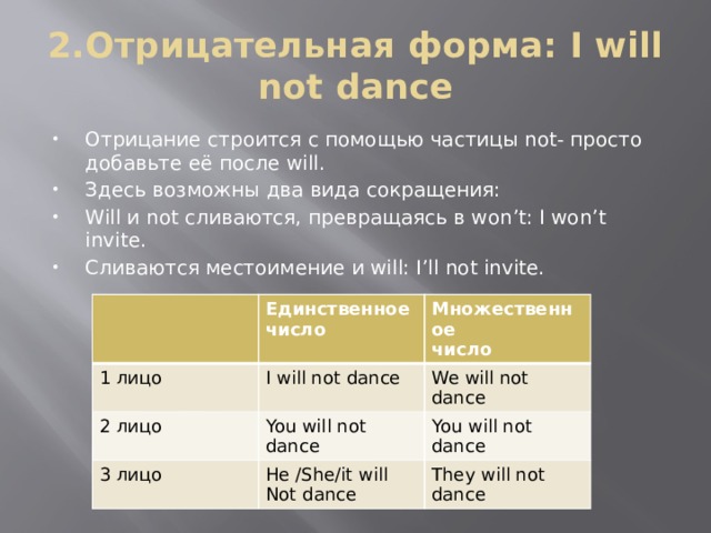 2.Отрицательная форма: I will not dance Отрицание строится с помощью частицы not- просто добавьте её после will. Здесь возможны два вида сокращения: Will и not сливаются, превращаясь в won’t: I won’t invite. Сливаются местоимение и will: I’ll not invite. 1 лицо Единственное 2 лицо Множественное I will not dance число 3 лицо We will not You will not dance число dance You will not dance He /She/it will They will not dance Not dance 