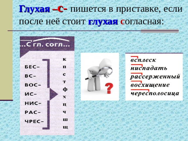 Глухая  – с-  пишется в приставке, если после неё стоит глухая  с огласная:   