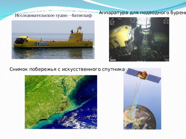Аппаратура для подводного бурения Исследовательское судно - батискаф Снимок побережья с искусственного спутника 