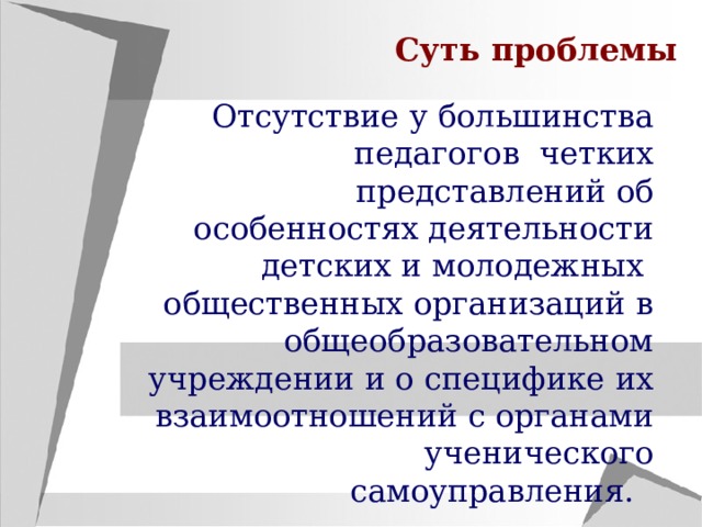 Суть проблемы Отсутствие у большинства педагогов четких представлений об особенностях деятельности детских и молодежных общественных организаций в общеобразовательном учреждении и о специфике их взаимоотношений с органами ученического самоуправления. 