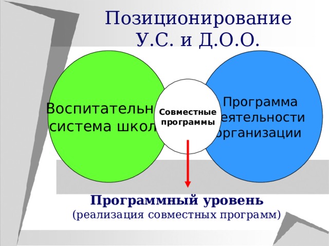 Позиционирование У.С. и Д.О.О. Воспитательная система школы Программа деятельности организации Совместные программы Программный уровень (реализация совместных программ) 