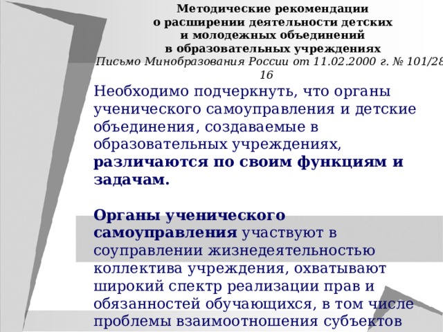 Методические рекомендации о расширении деятельности детских и молодежных объединений в образовательных учреждениях Письмо Минобразования России от 11.02.2000 г. № 101/28-16 Необходимо подчеркнуть, что органы ученического самоуправления и детские объединения, создаваемые в образовательных учреждениях, различаются по своим функциям и задачам.  Органы ученического самоуправления участвуют в соуправлении жизнедеятельностью коллектива учреждения, охватывают широкий спектр реализации прав и обязанностей обучающихся, в том числе проблемы взаимоотношения субъектов образовательного процесса. 