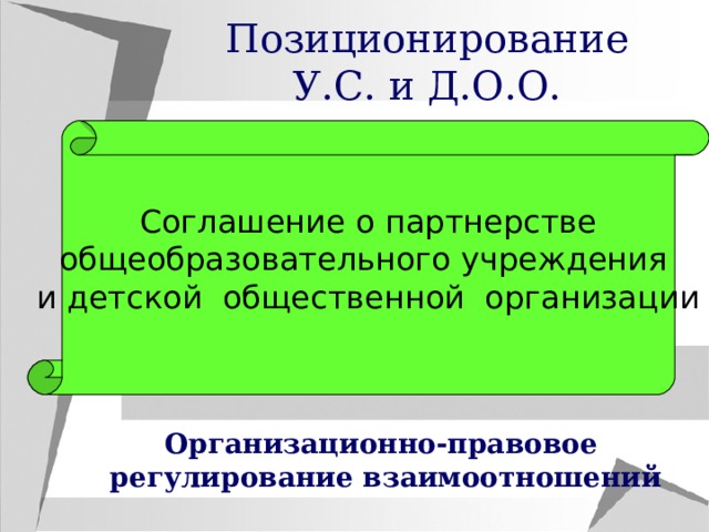 Позиционирование У.С. и Д.О.О. Соглашение о партнерстве общеобразовательного учреждения и детской общественной организации Организационно-правовое  регулирование взаимоотношений 