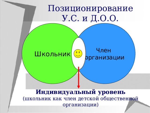 Позиционирование У.С. и Д.О.О. Школьник Член организации Индивидуальный уровень (школьник как член детской общественной организации) 