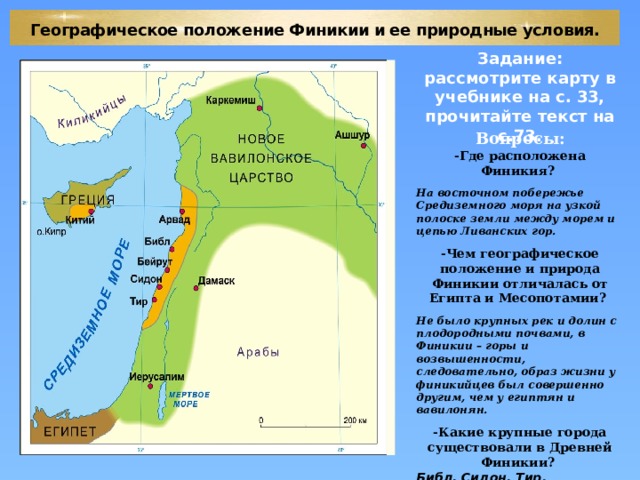 Географическое положение Финикии и ее природные условия. Задание: рассмотрите карту в учебнике на с. 33, прочитайте текст на с.73. Вставка рисунка Вопросы: -Где расположена Финикия?  На восточном побережье Средиземного моря на узкой полоске земли между морем и цепью Ливанских гор.  -Чем географическое положение и природа Финикии отличалась от Египта и Месопотамии?  Не было крупных рек и долин с плодородными почвами, в Финикии – горы и возвышенности, следовательно, образ жизни у финикийцев был совершенно другим, чем у египтян и вавилонян.  -Какие крупные города существовали в Древней Финикии? Библ, Сидон, Тир.  