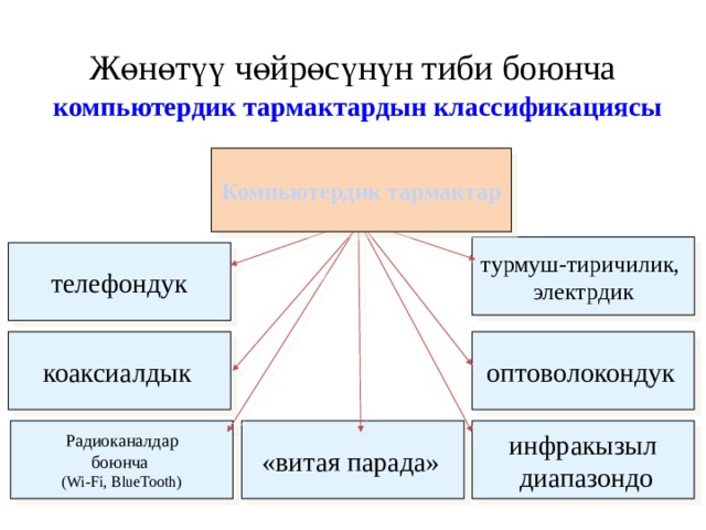 Жөнөтүү чөйрөсүнүн тиби боюнча компьютердик тармактардын классификациясы Компьютердик тармактар турмуш-тиричилик,  электрдик телефондук оптоволокондук  коаксиалдык  инфракызыл  диапазондо Радиоканалдар «витая парада»  боюнча  (Wi-Fi, BlueTooth) 
