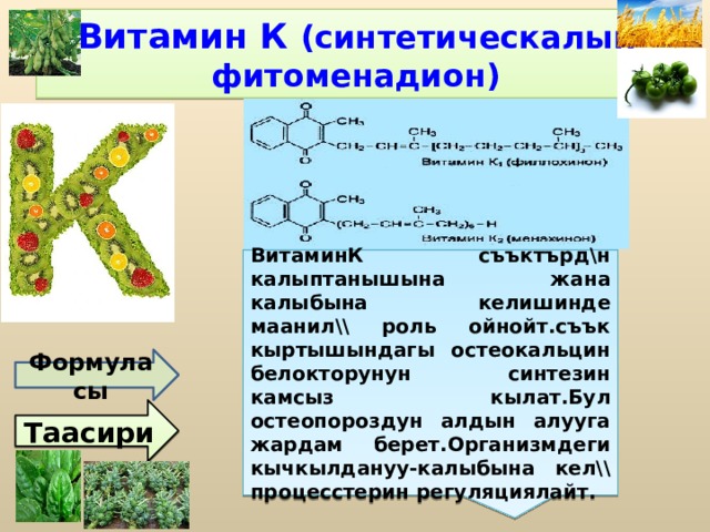 ВитаминК съъктърд\н калыптанышына жана калыбына келишинде маанил\\ роль ойнойт.съък кыртышындагы остеокальцин белокторунун синтезин камсыз кылат.Бул остеопороздун алдын алууга жардам берет.Организмдеги кычкылдануу-калыбына кел\\ процесстерин регуляциялайт. Витамин К (синтетическалык фитоменадион) Формуласы Таасири 