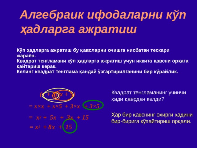 Алгебраик ифодаларни кўп ҳадларга ажратиш Кўп ҳадларга ажратиш бу қавсларни очишга нисбатан тескари жараён . Квадрат тенгламани кўп ҳадларга ажратиш учун иккита қавсни орқага қайтариш керак . Келинг квадрат тенглама қандай ўзгартирилганини бир кўрайлик. (x + 3)(x + 5)  Квадрат тенгламанинг учинчи ҳади қаердан келди ? Ҳар бир қавснинг охирги ҳадини бир-бирига кўпайтириш орқали.  + x ×5 = x × x + 3×5 + 3 ×x = x 2 + 5x + 3x + 15 = x 2   +  8x + 15 