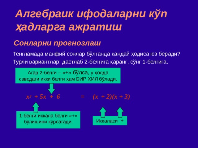 Алгебраик ифодаларни кўп ҳадларга ажратиш Сонларни прогнозлаш Тенгламада манфий сонлар бўлганда қандай ҳодиса юз беради ? Турли вариантлар : дастлаб 2 - белгига қаранг , сўнг 1 - белгига . Агар 2 - белги  –  « + » бўлса,  у ҳолда қавсдаги икки белги ҳам БИР ХИЛ бўлади. x 2   +  5x + 6 = (x  +  2)(x + 3) ‏ 1 - белги  иккала белги  « + » бўлишини кўрсатади . Иккаласи  + 