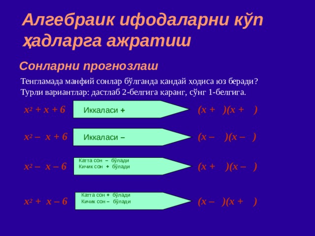 Алгебраик ифодаларни кўп ҳадларга ажратиш Сонларни прогнозлаш Тенгламада манфий сонлар бўлганда қандай ҳодиса юз беради ? Турли вариантлар : дастлаб 2 - белгига қаранг , сўнг 1 - белгига . x 2 + x + 6 (x + )(x + ) ‏ Иккаласи  + x 2 – x + 6 (x – )(x – ) ‏ Иккаласи  – Катта сон  –   б ў лади  Кичик сон   +   б ў лади    (x + )(x – ) ‏ x 2 – x – 6 Катта сон +   б ў лади  Кичик сон  –  б ў лади    (x – )(x + ) ‏ x 2 + x – 6 