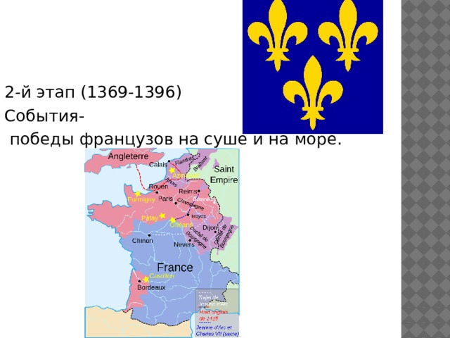 2-й этап (1369-1396) События-  победы французов на суше и на море. 