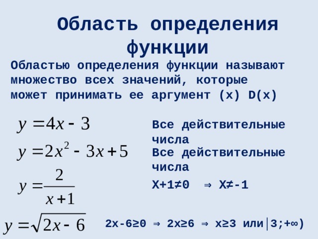 Область определения функции Областью определения функции называют множество всех значений, которые может принимать ее аргумент (х) D (х) Все действительные числа Все действительные числа Х+1≠0 ⇒ Х≠-1 2х-6≥0 ⇒ 2х≥6 ⇒ х≥3 или│3;+∞) 