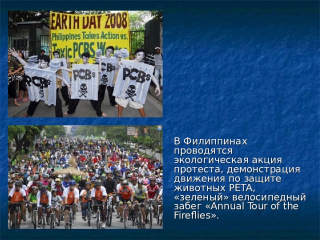 В Филиппинах проводятся экологическая акция протеста, демонстрация движения по защите животных PETA, «зеленый» велосипедный забег «Annual Tour of the Fireflies». 