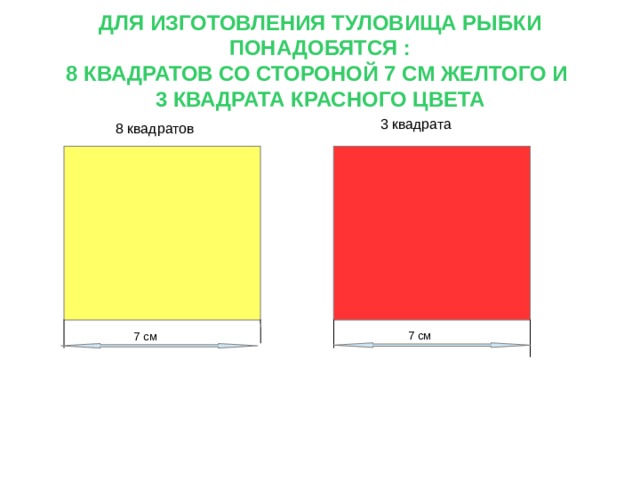 ДЛЯ ИЗГОТОВЛЕНИЯ ТУЛОВИЩА РЫБКИ ПОНАДОБЯТСЯ :  8 КВАДРАТОВ СО СТОРОНОЙ 7 СМ ЖЕЛТОГО И  3 КВАДРАТА КРАСНОГО ЦВЕТА  3 квадрата 8 квадратов 7 см 7 см  