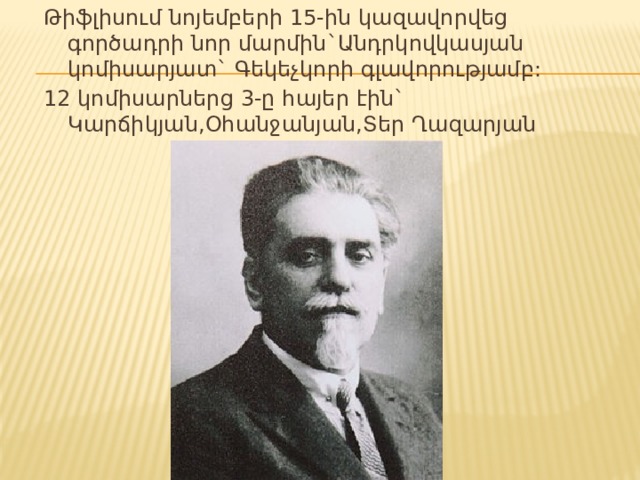 Թիֆլիսում նոյեմբերի 15-ին կազավորվեց գործադրի նոր մարմին`Անդրկովկասյան կոմիսարյատ` Գեկեչկորի գլավորությամբ: 12 կոմիսարներց 3-ը հայեր էին` Կարճիկյան,Օհանջանյան,Տեր Ղազարյան 