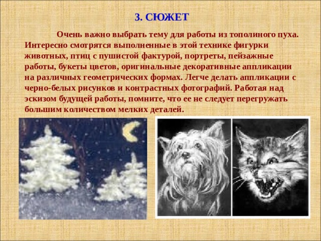 3. СЮЖЕТ  Очень важно выбрать тему для работы из тополиного пуха. Интересно смотрятся выполненные в этой технике фигурки животных, птиц с пушистой фактурой, портреты, пейзажные работы, букеты цветов, оригинальные декоративные аппликации на различных геометрических формах. Легче делать аппликации с черно-белых рисунков и контрастных фотографий. Работая над эскизом будущей работы, помните, что ее не следует перегружать большим количеством мелких деталей. 