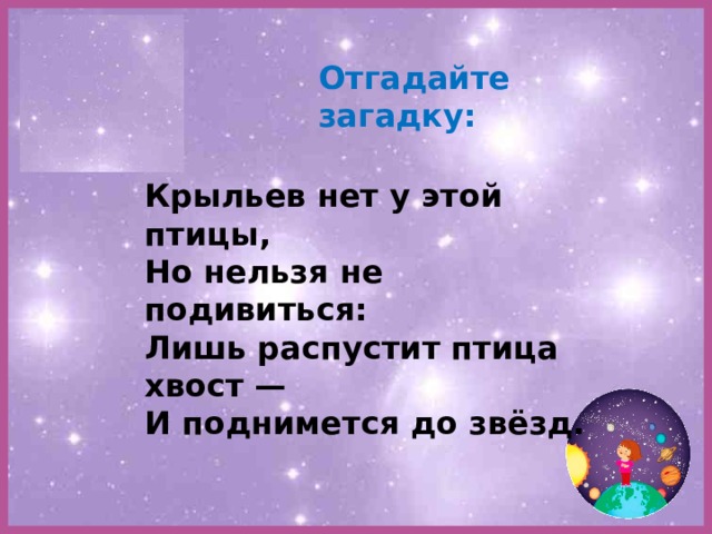 Отгадайте загадку: Крыльев нет у этой птицы,  Но нельзя не подивиться:  Лишь распустит птица хвост —  И поднимется до звёзд.   