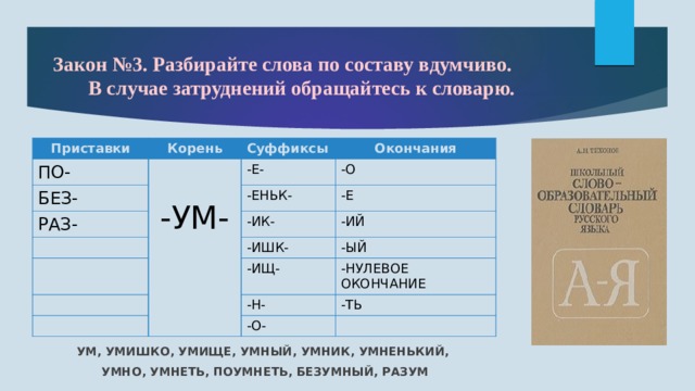 Закон №3. Разбирайте слова по составу вдумчиво. В случае затруднений обращайтесь к словарю. Приставки Корень ПО- БЕЗ- Суффиксы -УМ- РАЗ- -Е- Окончания -О -ЕНЬК- -Е -ИК- -ИЙ -ИШК- -ЫЙ -ИЩ- -НУЛЕВОЕ ОКОНЧАНИЕ -Н- -ТЬ -О- УМ, УМИШКО, УМИЩЕ, УМНЫЙ, УМНИК, УМНЕНЬКИЙ, УМНО, УМНЕТЬ, ПОУМНЕТЬ, БЕЗУМНЫЙ, РАЗУМ 