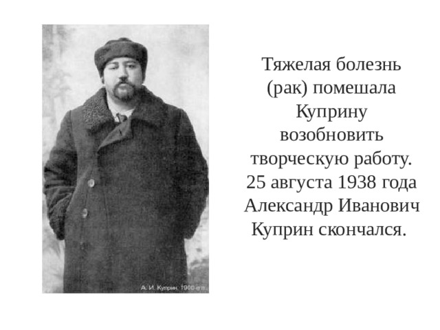 Тяжелая болезнь (рак) помешала Куприну возобновить творческую работу. 25 августа 1938 года Александр Иванович Куприн скончался. 