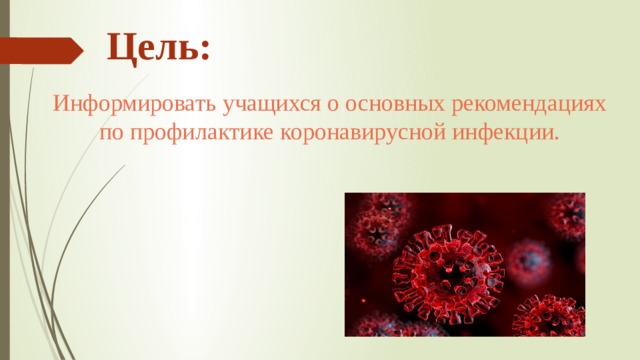 Цель: Информировать учащихся о основных рекомендациях по профилактике коронавирусной инфекции. 