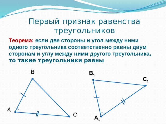 В А А 1 В 1 С С 1 Первый признак равенства треугольников Теорема: если две стороны и угол между ними одного треугольника соответственно равны двум сторонам и углу между ними другого треугольника , то такие треугольники равны 