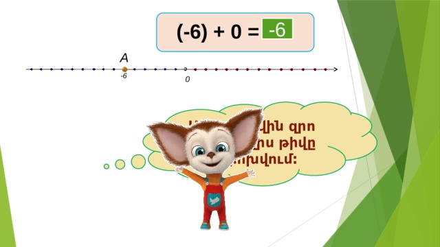 (-6) + 0 = -6 А -6 0 Ամբողջ թվին զրո գումարելիս թիվը չի փոխվում: 